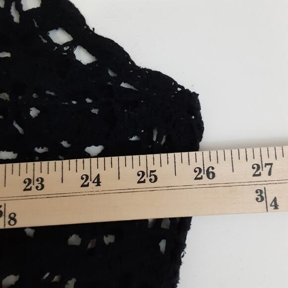 Vintage 80s Crochet Cardigan Black Bohemian Duster Knit Vest Lagenlook Festival - Picture 9 of 12